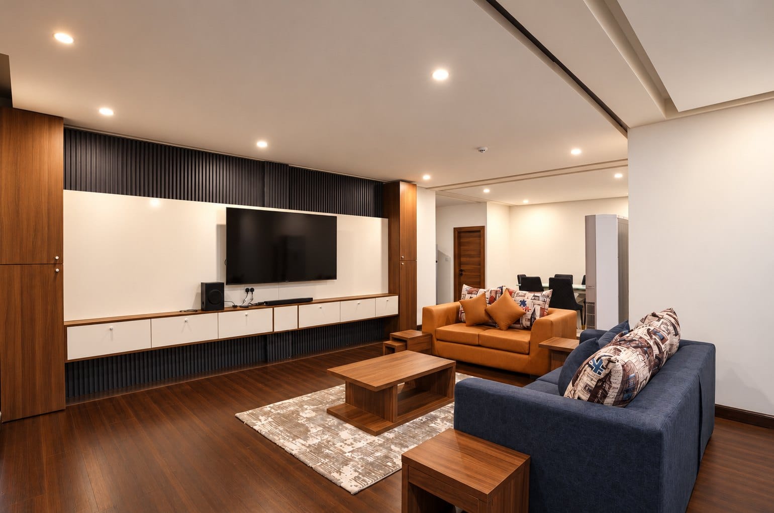Penthouse Perfection: living room with a wall-length media unit