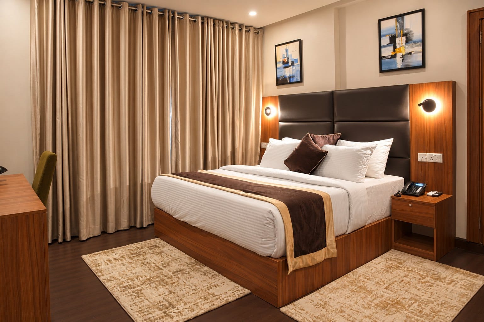 Oriental Oasis: king bed with a leather headboard and warm wall lights
